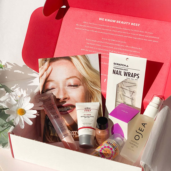 Open Allure beauty box arranged to feature products inside