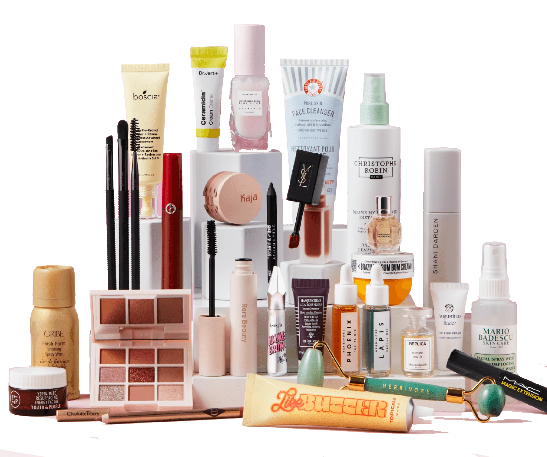 Pink background with products piled up